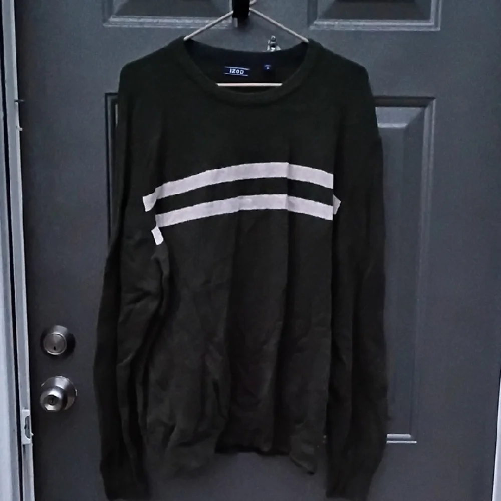 Izod Olive Crewneck Sweater with White Stripes